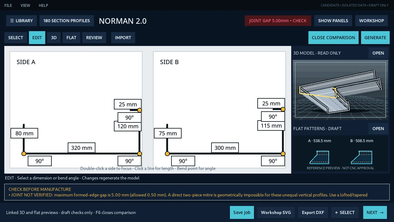 Norman Stage 3 combined editable 2D plus draft 3D and flat pattern view