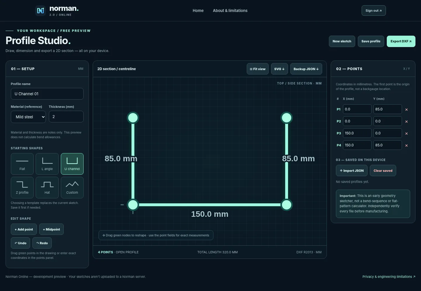 Actual screenshot of the separate experimental Norman Online Profile Studio with a 2D profile editor and point fields